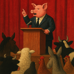 Un maiale elegante arringa una folla di animali: simbolo della rivoluzione che tradisce i suoi ideali. Ispirato a La fattoria degli animali di George Orwell.