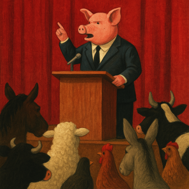 Un maiale elegante arringa una folla di animali: simbolo della rivoluzione che tradisce i suoi ideali. Ispirato a La fattoria degli animali di George Orwell.