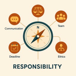 Bussola stilizzata al centro che collega quattro icone rappresentanti comunicazione, team, etica e scadenze, a simboleggiare la responsabilità nel project management.