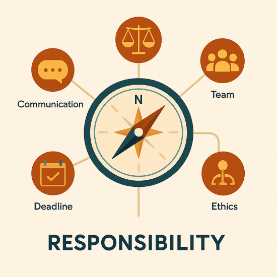 Bussola stilizzata al centro che collega quattro icone rappresentanti comunicazione, team, etica e scadenze, a simboleggiare la responsabilità nel project management.